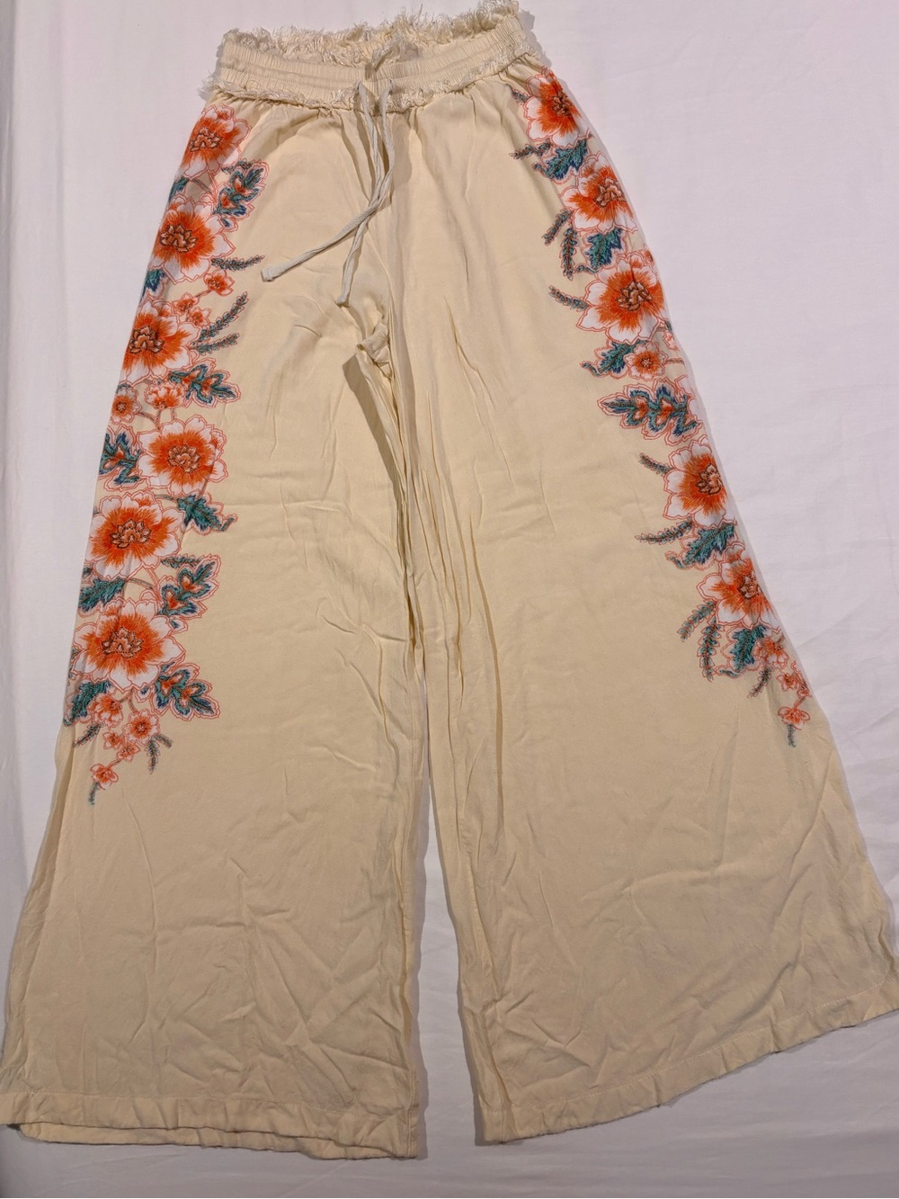 O'Neill Pale Yellow Wide-Leg Pants with Orange Floral Embroidery
